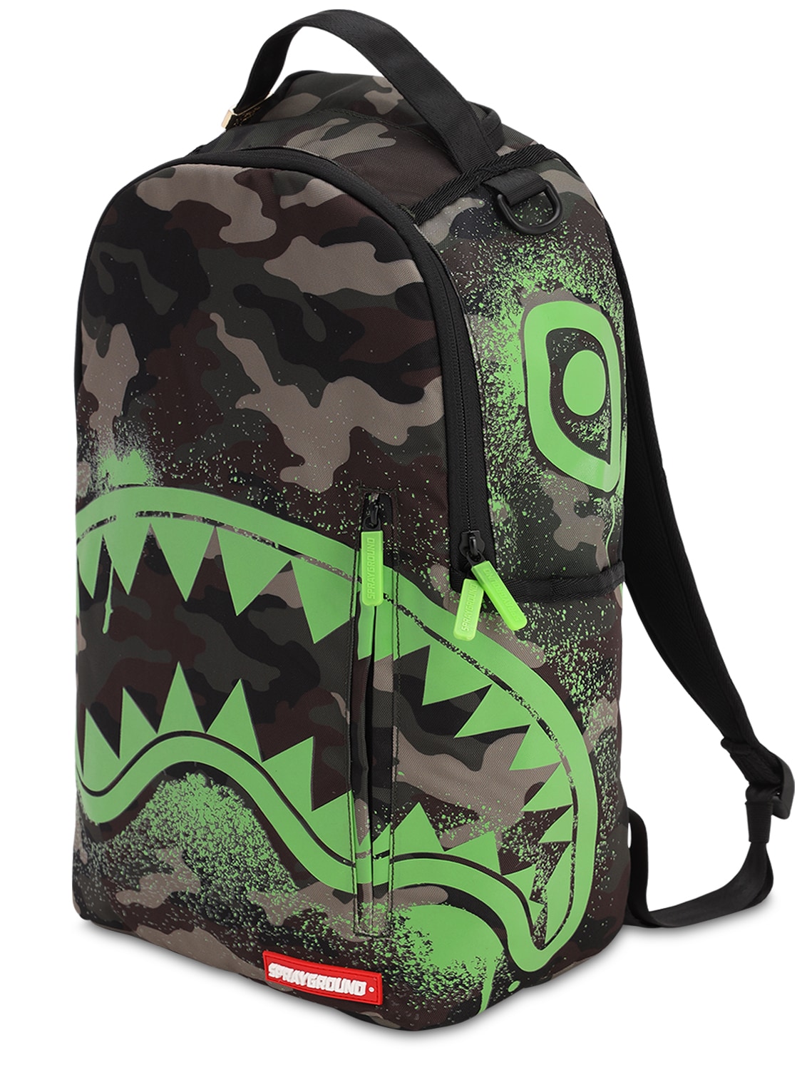 Sprayground Kids' Glow In The Dark Camo Shark Backpack In Military Green