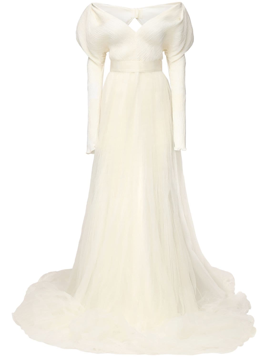 Danielle Frankel Pleated Georgette Dress In Ivory