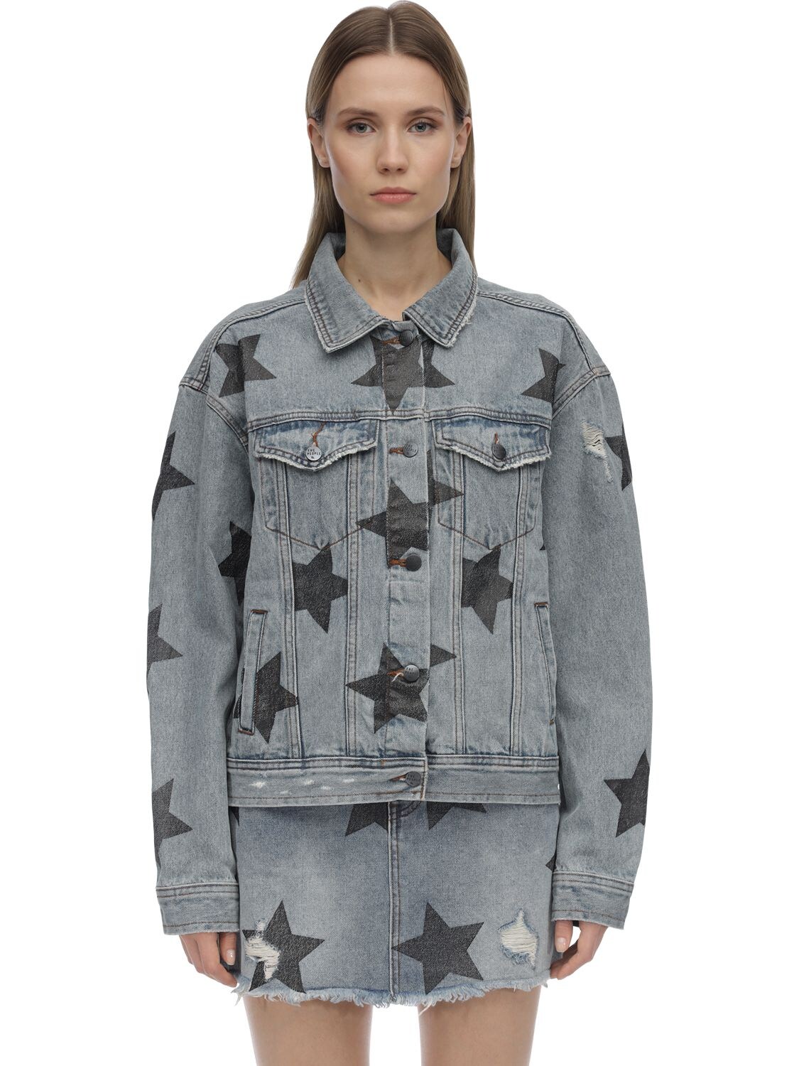 The People Vs Amy Stars Print Cotton Denim Jacket In Blue