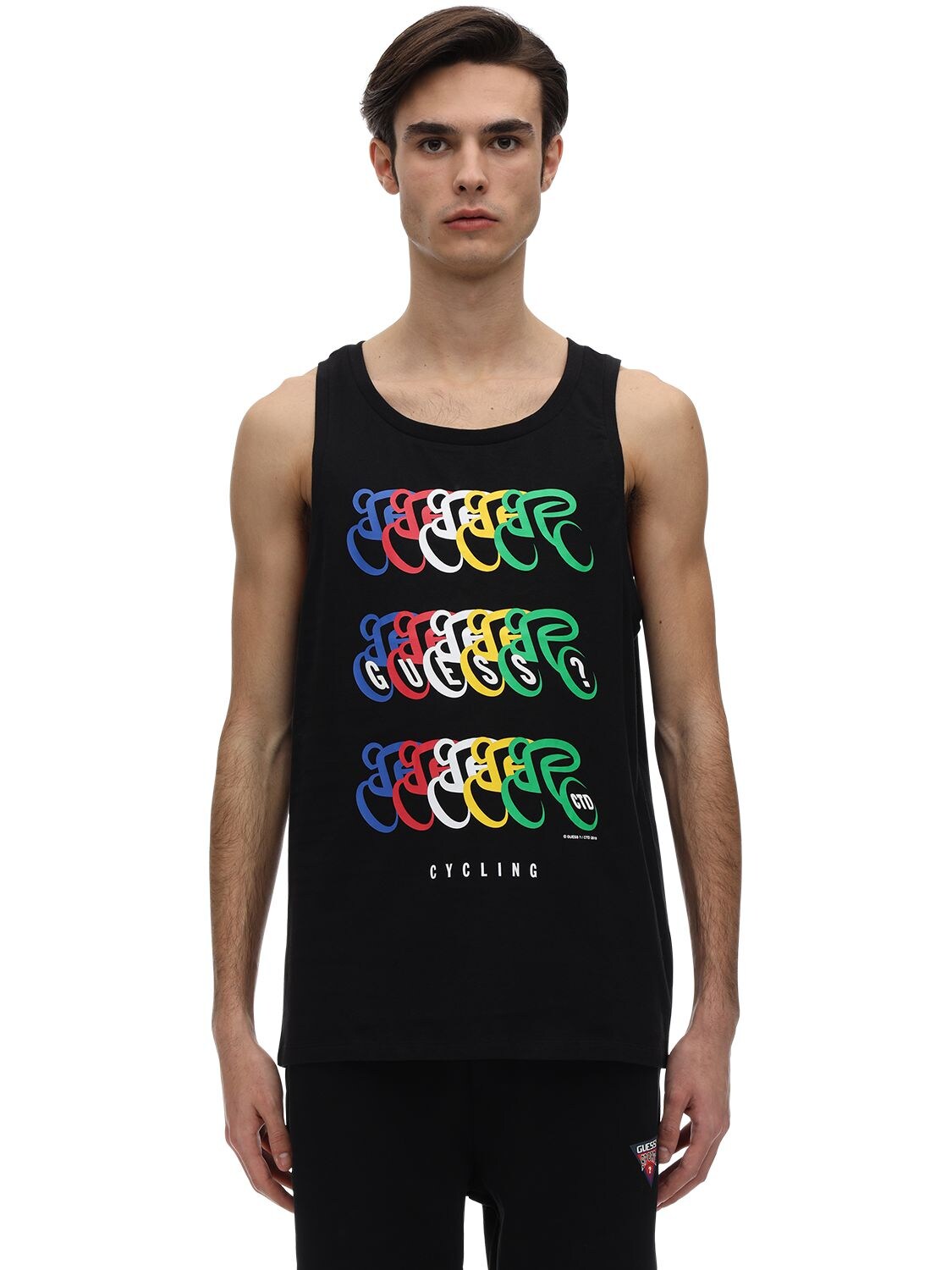Guess Sport Cali Cycling Printed Cotton Tank Top In Jet Black