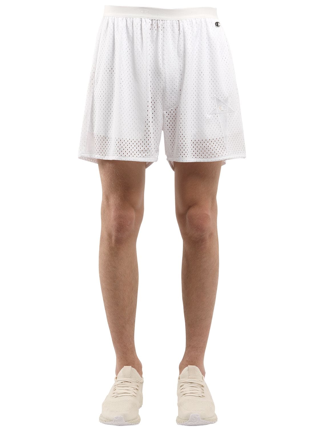 Rick Owens Champion Embroidered Net Shorts In White