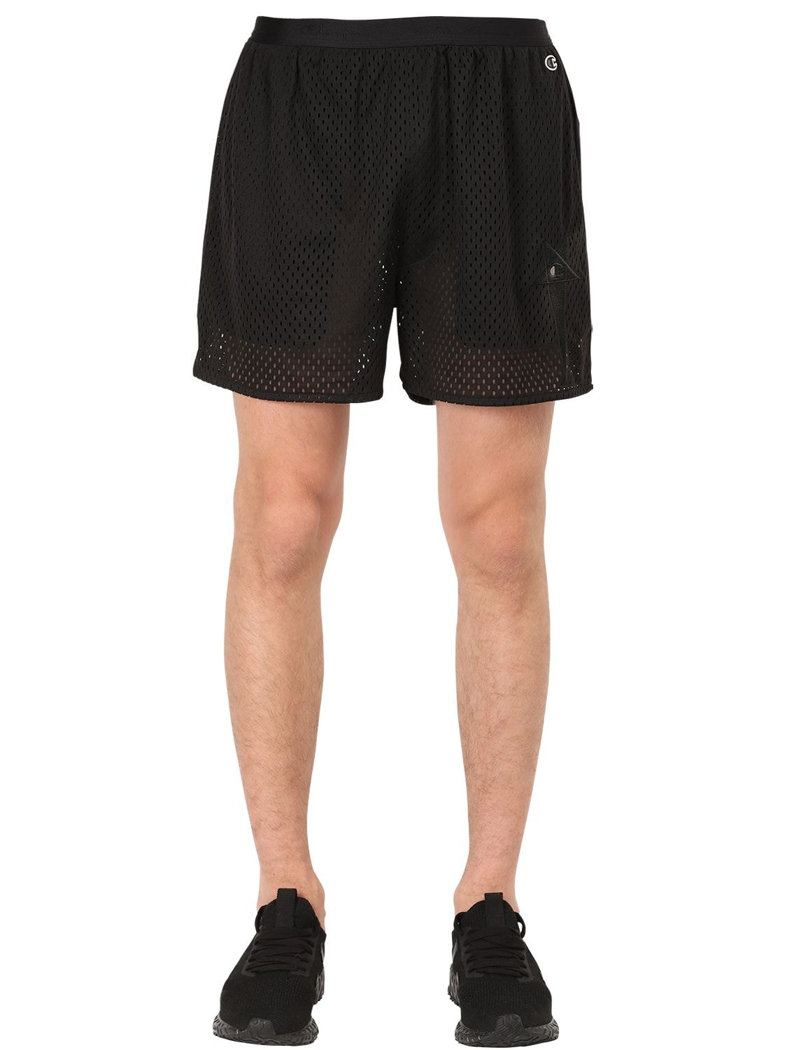 Rick Owens Champion Embroidered Net Shorts In Black