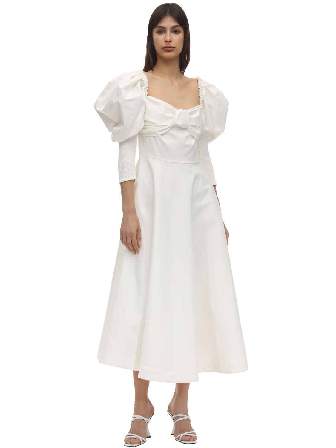 Anouki Bardot Shoulder Poplin Dress W/ Bow In White