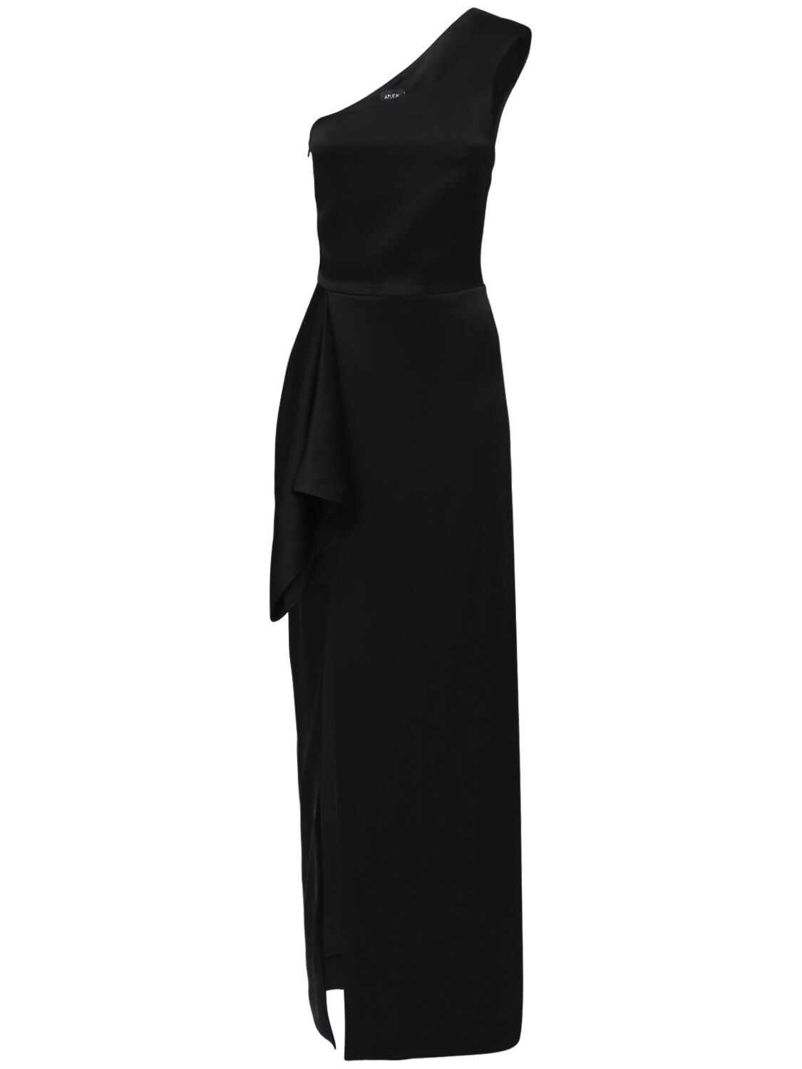 Atlein One Shoulder Satin Dress W/ Slit In Black