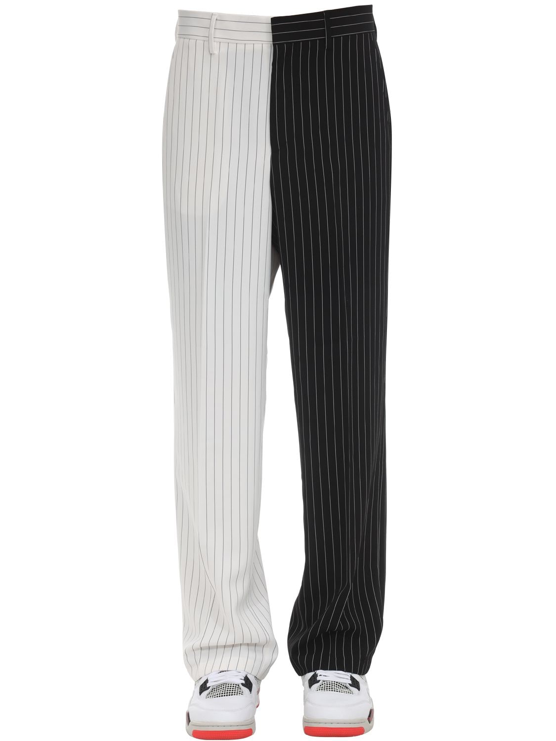black and white pinstripe trousers