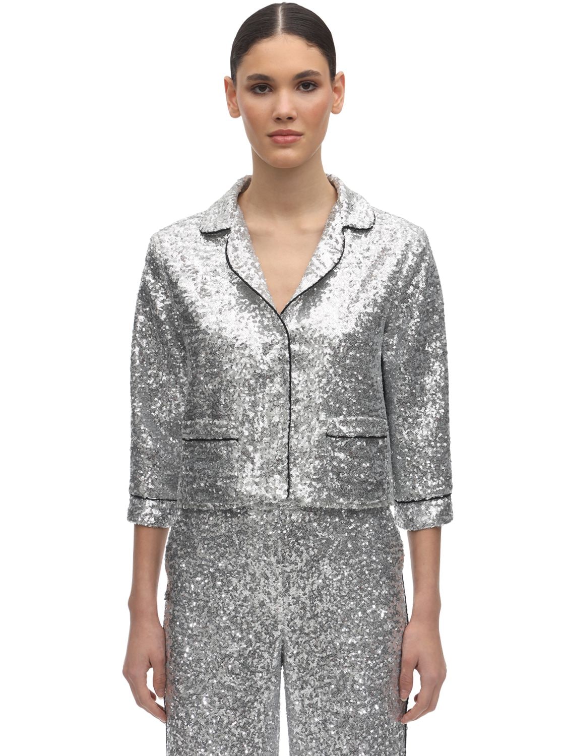 In The Mood For Love Sequined Crop Pajama Top In Silver