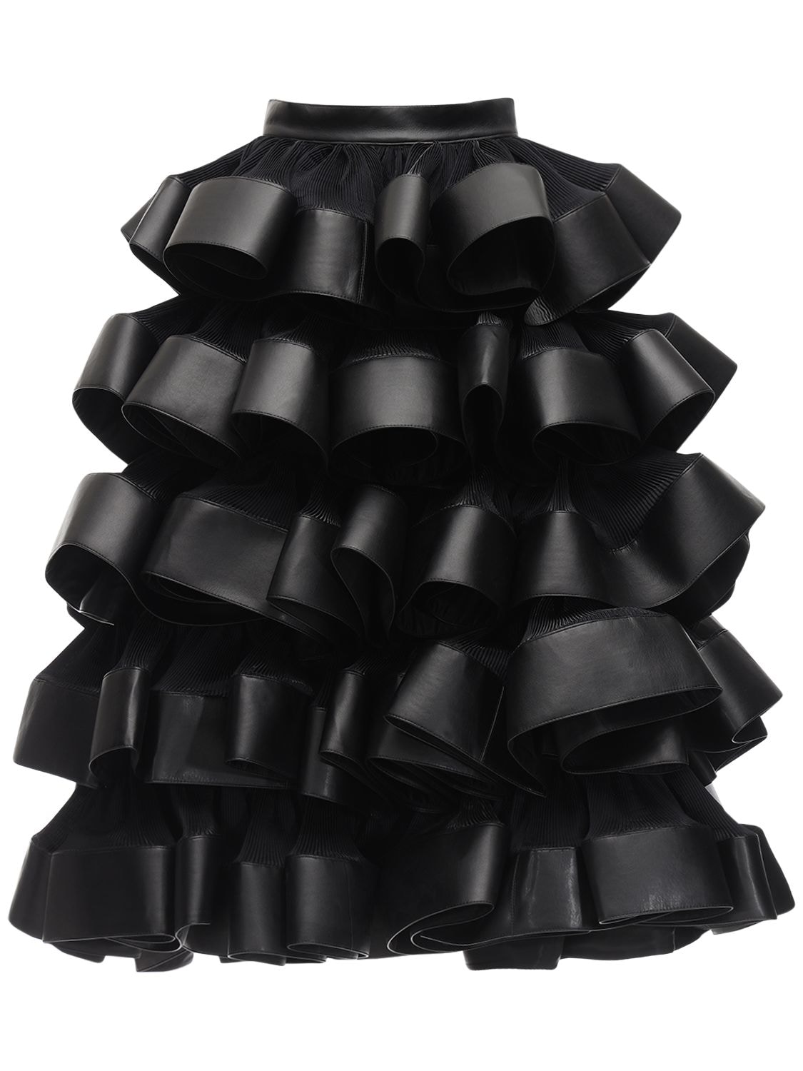Noir Kei Ninomiya Ruffled Satin & Faux Leather Maxi Skirt In Black