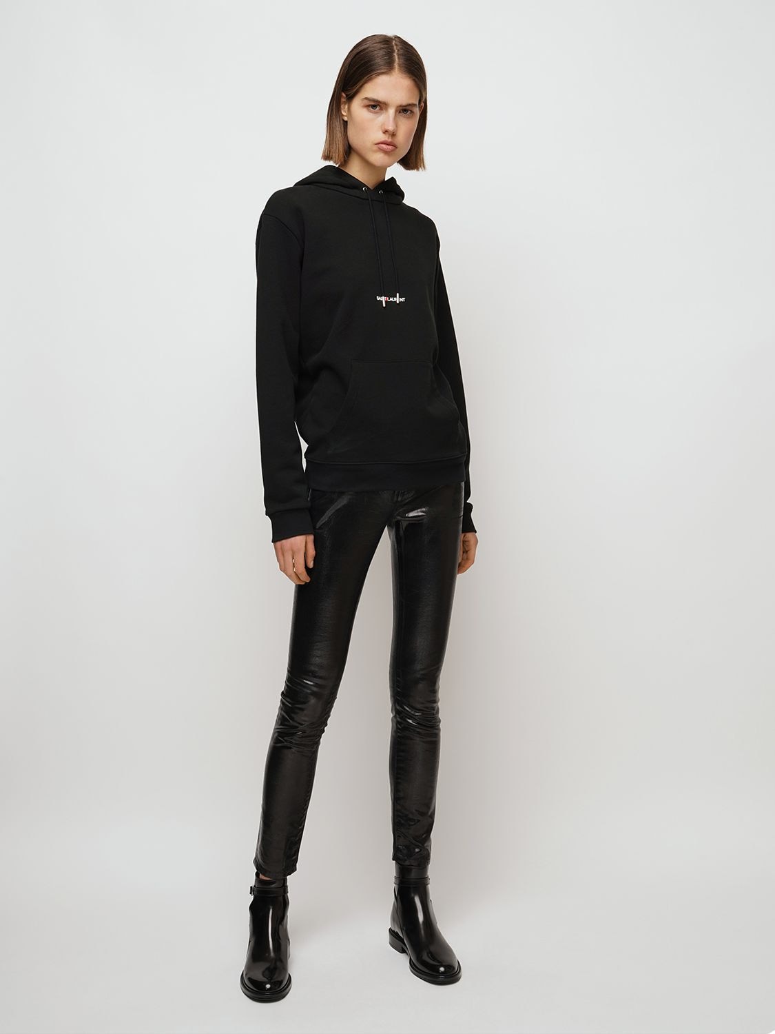 Shop Saint Laurent Logo Embroidery Cotton Jersey Hoodie In Black
