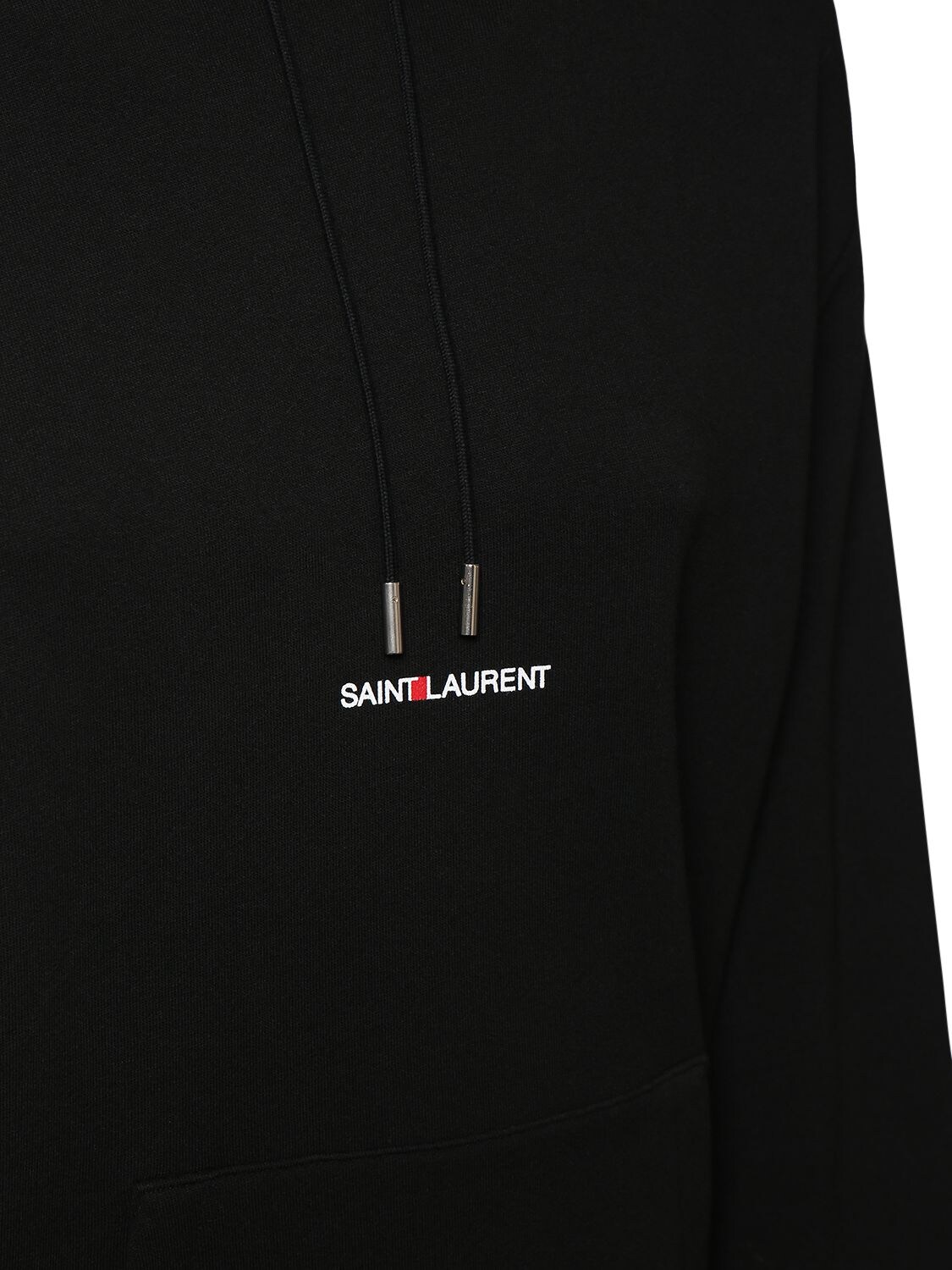 Shop Saint Laurent Logo Embroidery Cotton Jersey Hoodie In Black