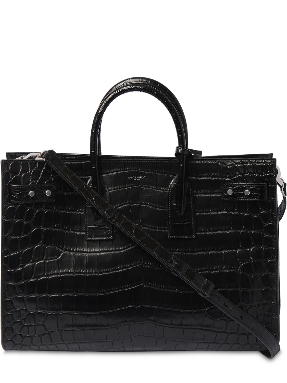 Saint Laurent Logo Croc Embossed Slim Leather Bag In Black