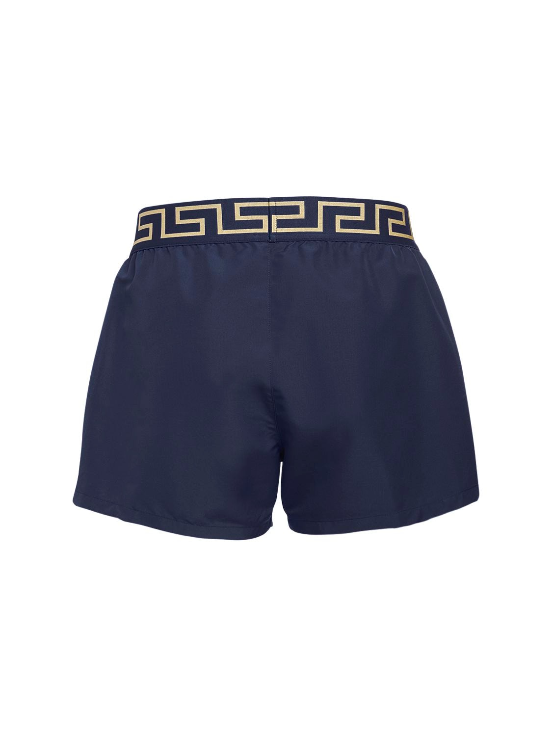 Shop Versace Monogram Waistband Tech Swim Shorts In Blue,gold