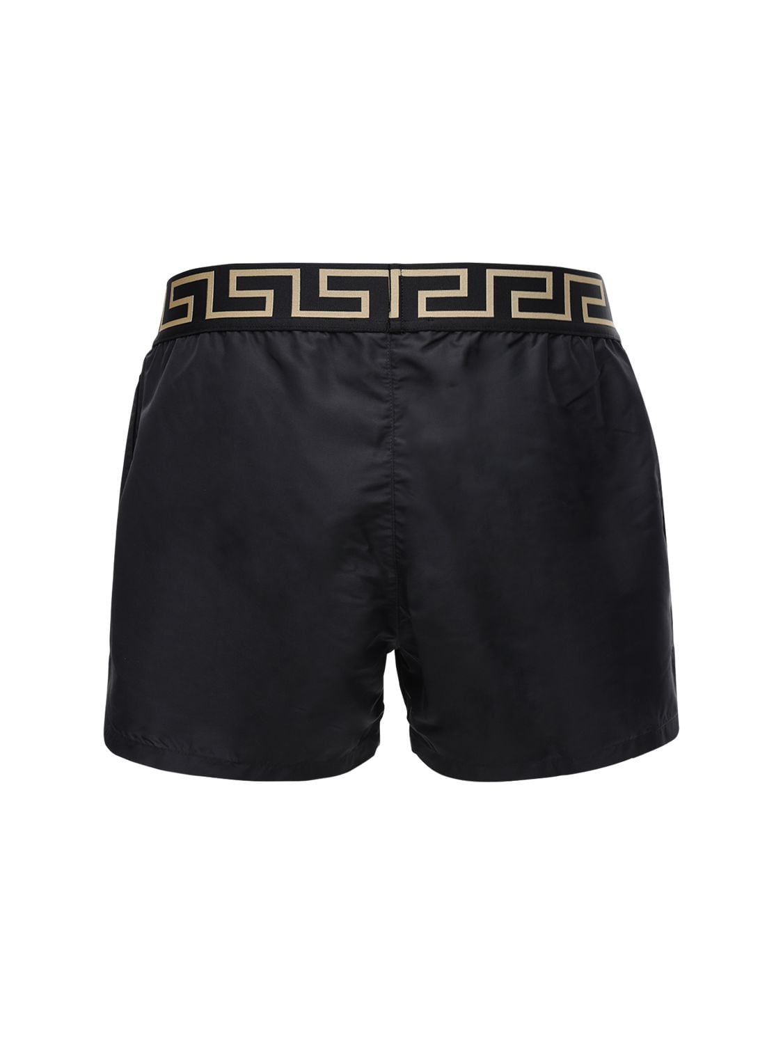 Shop Versace Monogram Waistband Tech Swim Shorts In Black,gold