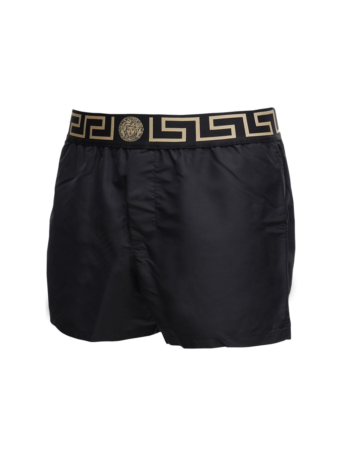 Shop Versace Monogram Waistband Tech Swim Shorts In Black,gold