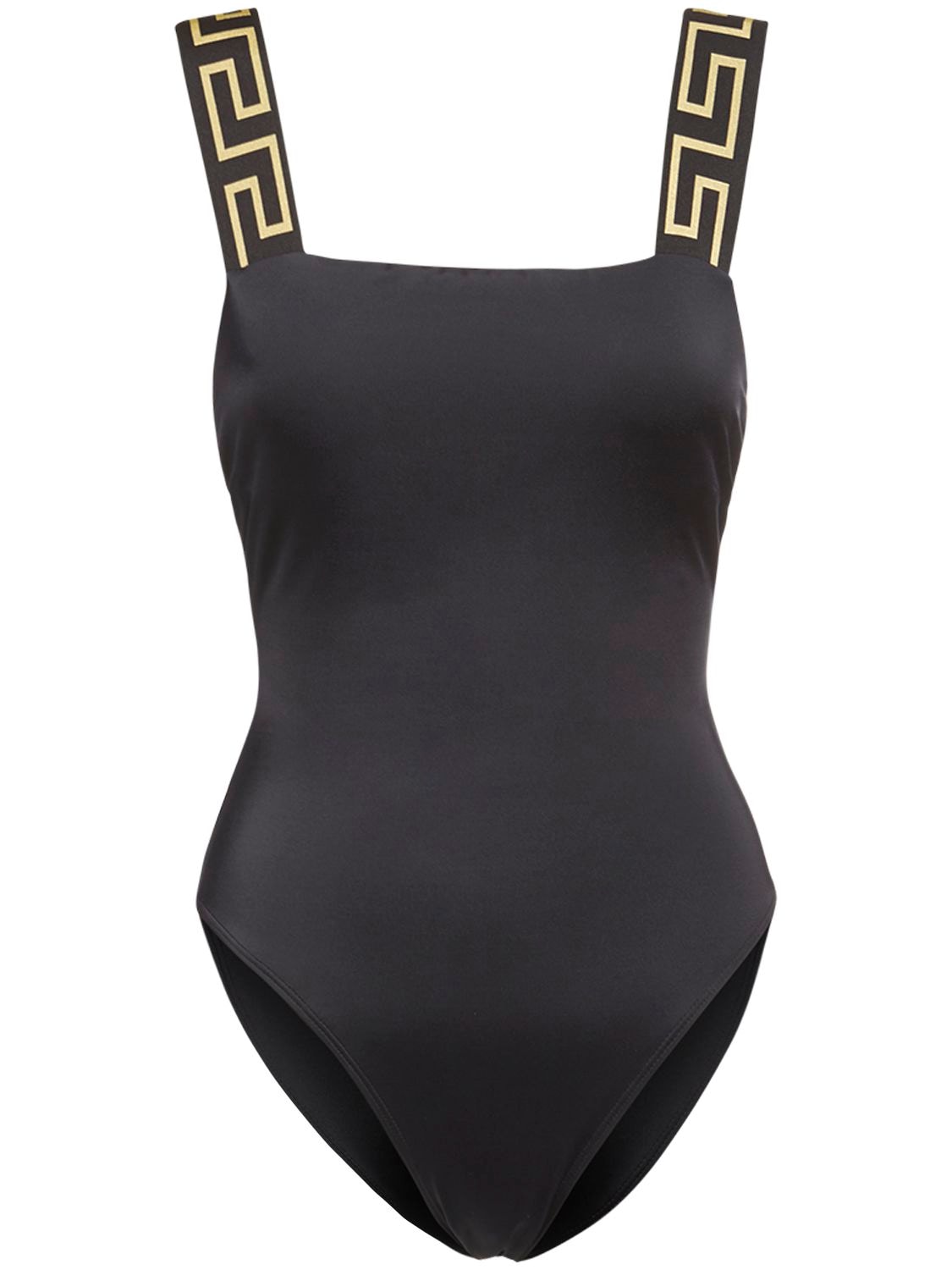 Black Versace Greca border swim shorts| Browns