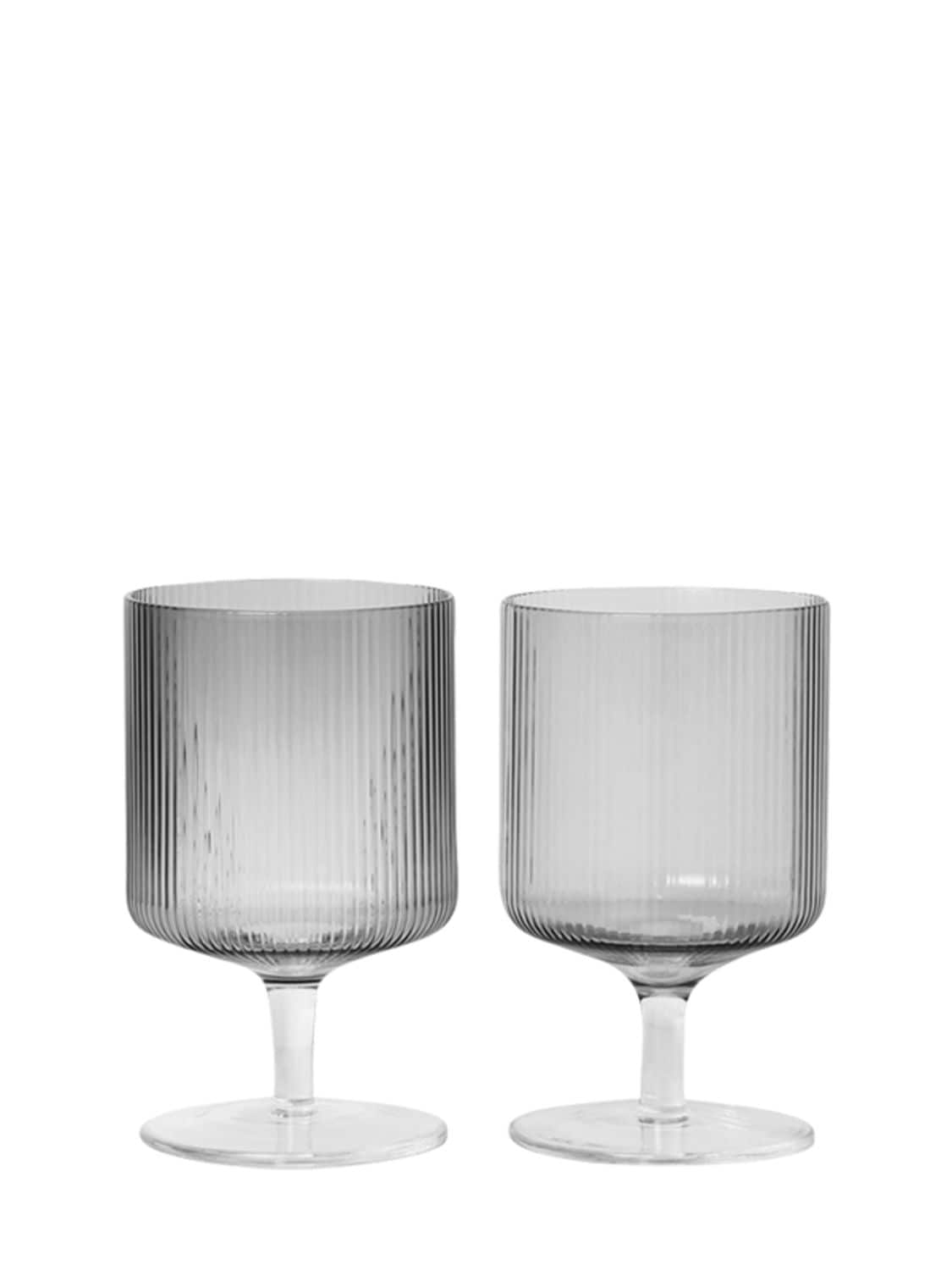 Ferm Living Set Of 2 Ripple Mouth Blown Wine Glasses In Grey