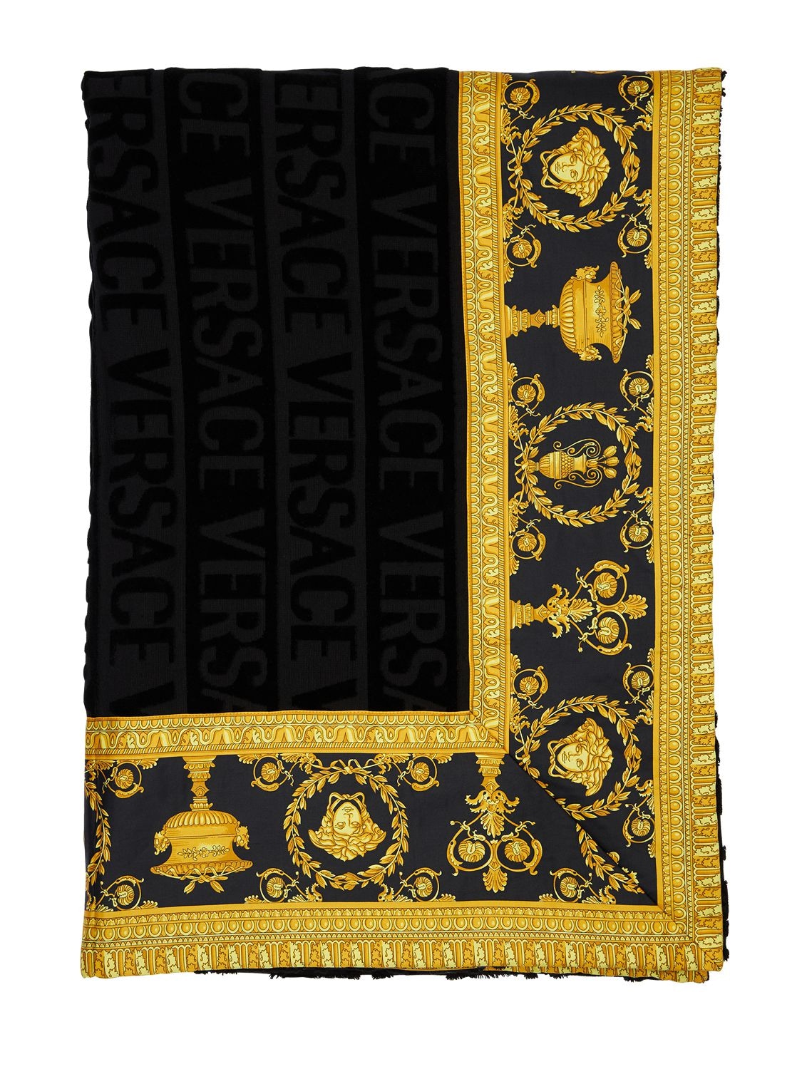 Versace Barocco & Robe Printed Beach Towel In Black,gold