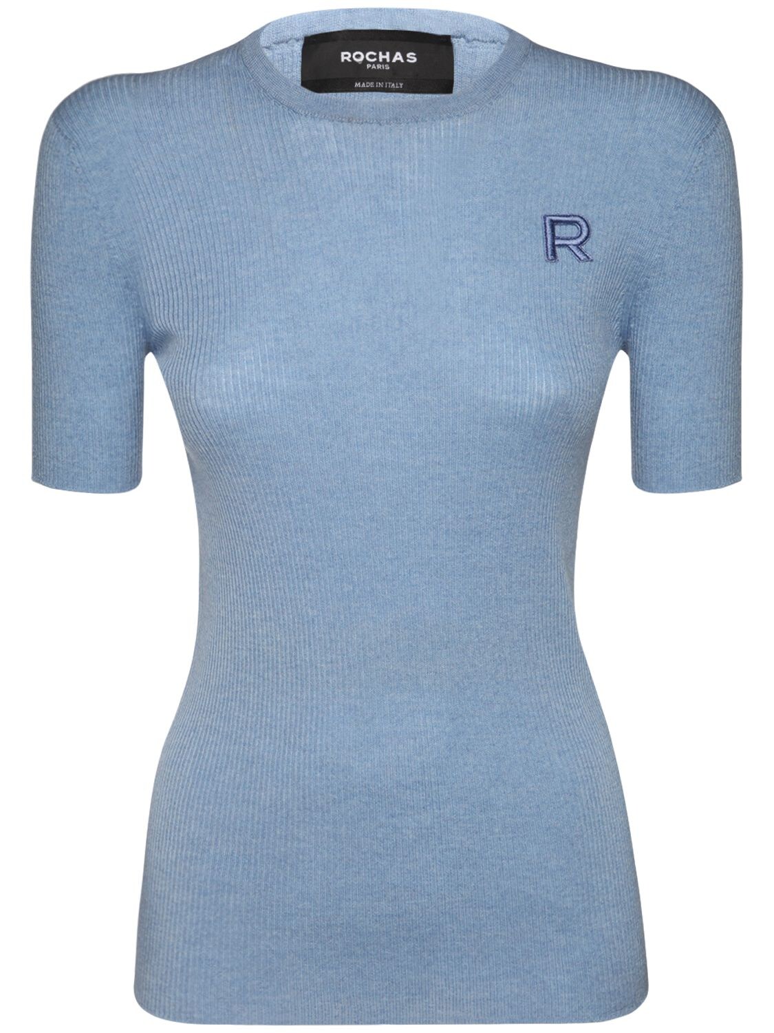 Rochas Logo Embroidery Ribbed Knit Wool Top In L.blue