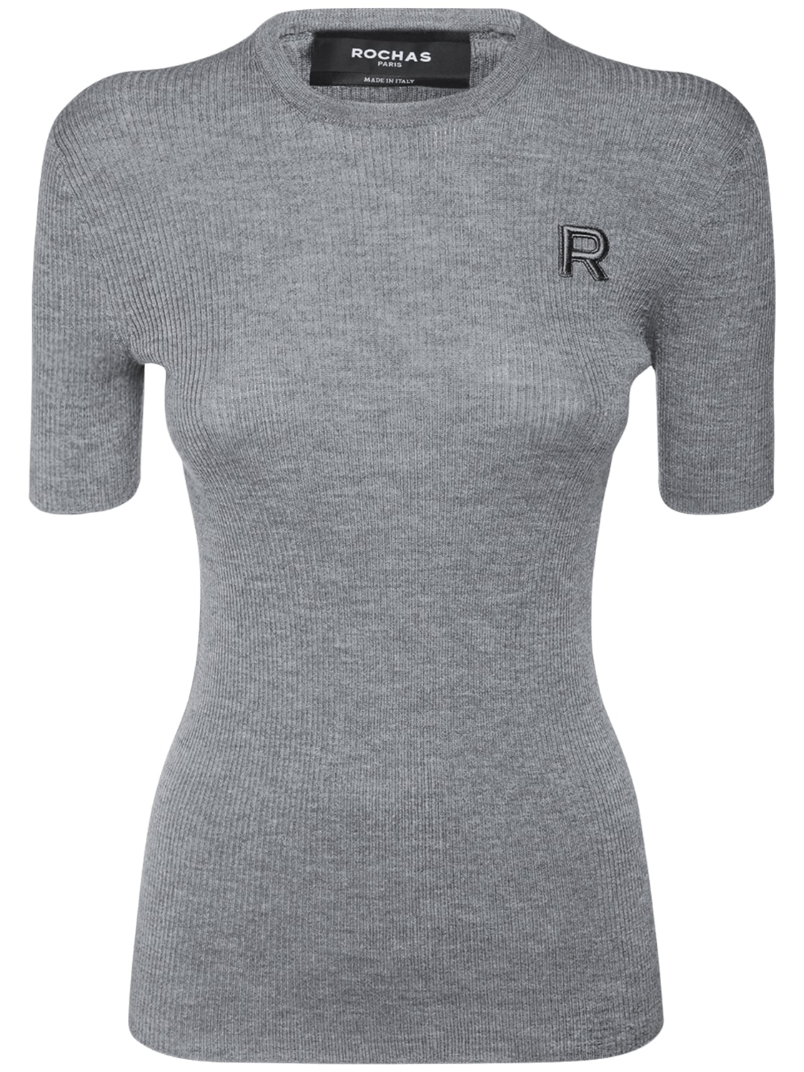 Rochas Logo Embroidery Ribbed Knit Wool Top In Grey
