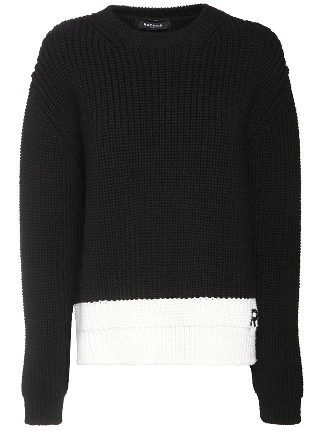 Rochas - Rib knit wool sweater w/ logo detail - Black/White | Luisaviaroma