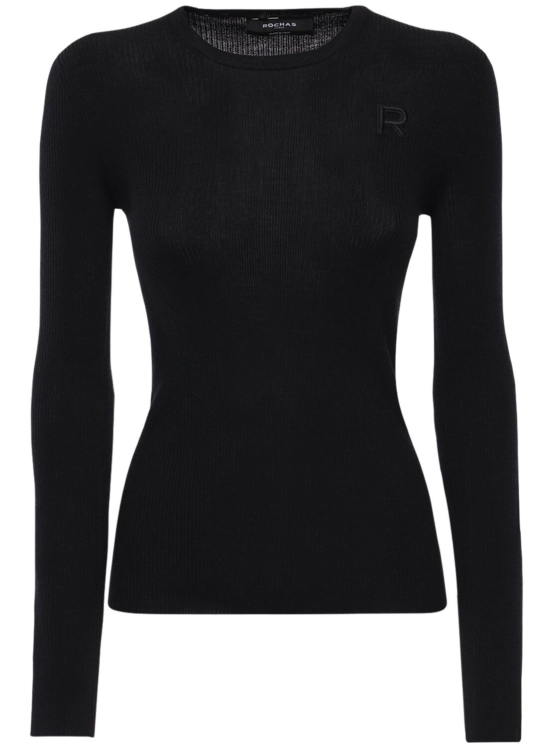 Rochas Logo Embroidery Ribbed Knit Wool Top In Black
