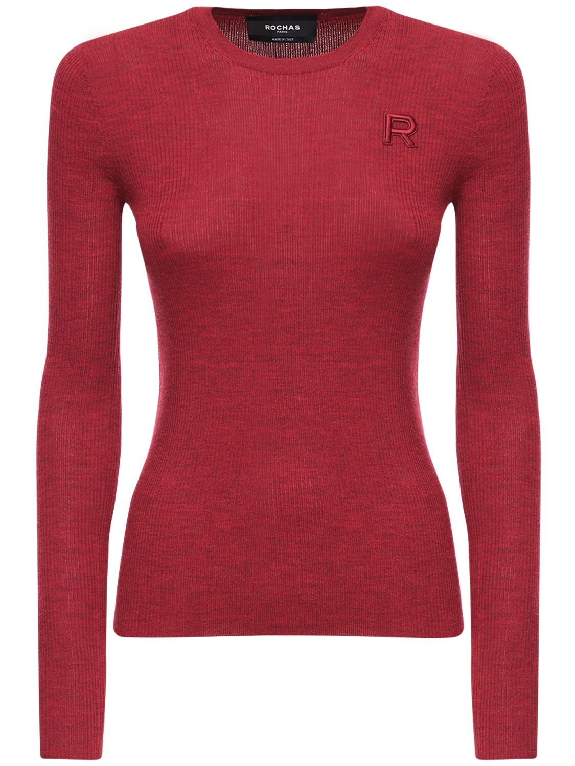 Rochas Logo Embroidery Ribbed Knit Wool Top In Bordeaux