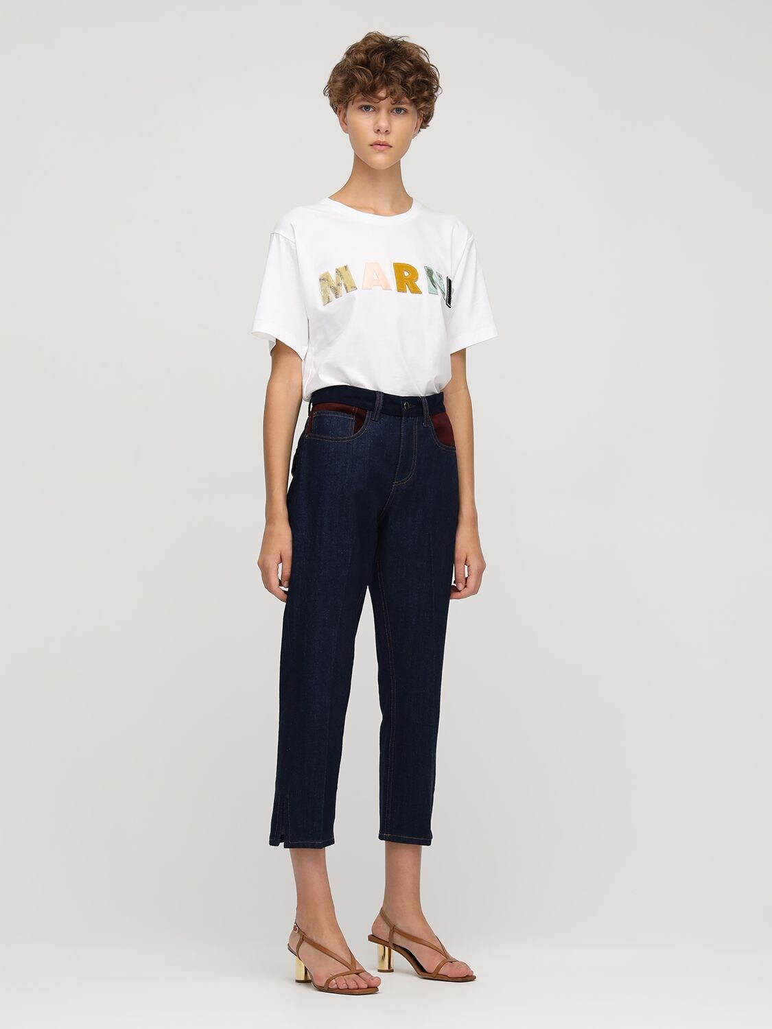 Marni Denim Straight Jeans W/ Suede & Leather In Blue,multi