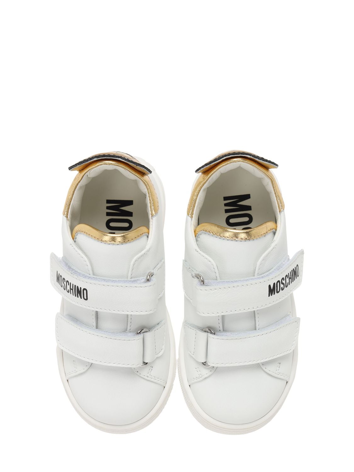 Moschino Kids' Teddy Bear Leather Strap Sneakers In White,gold | ModeSens