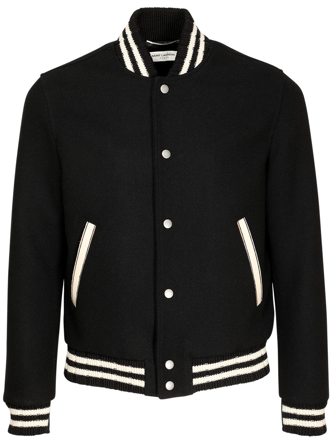 Shop Saint Laurent Logo Patch Wool Blend College Jacket In Black