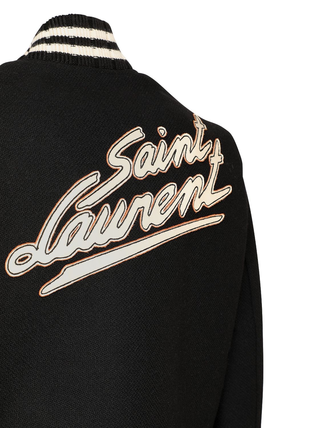 Shop Saint Laurent Logo Patch Wool Blend College Jacket In Black