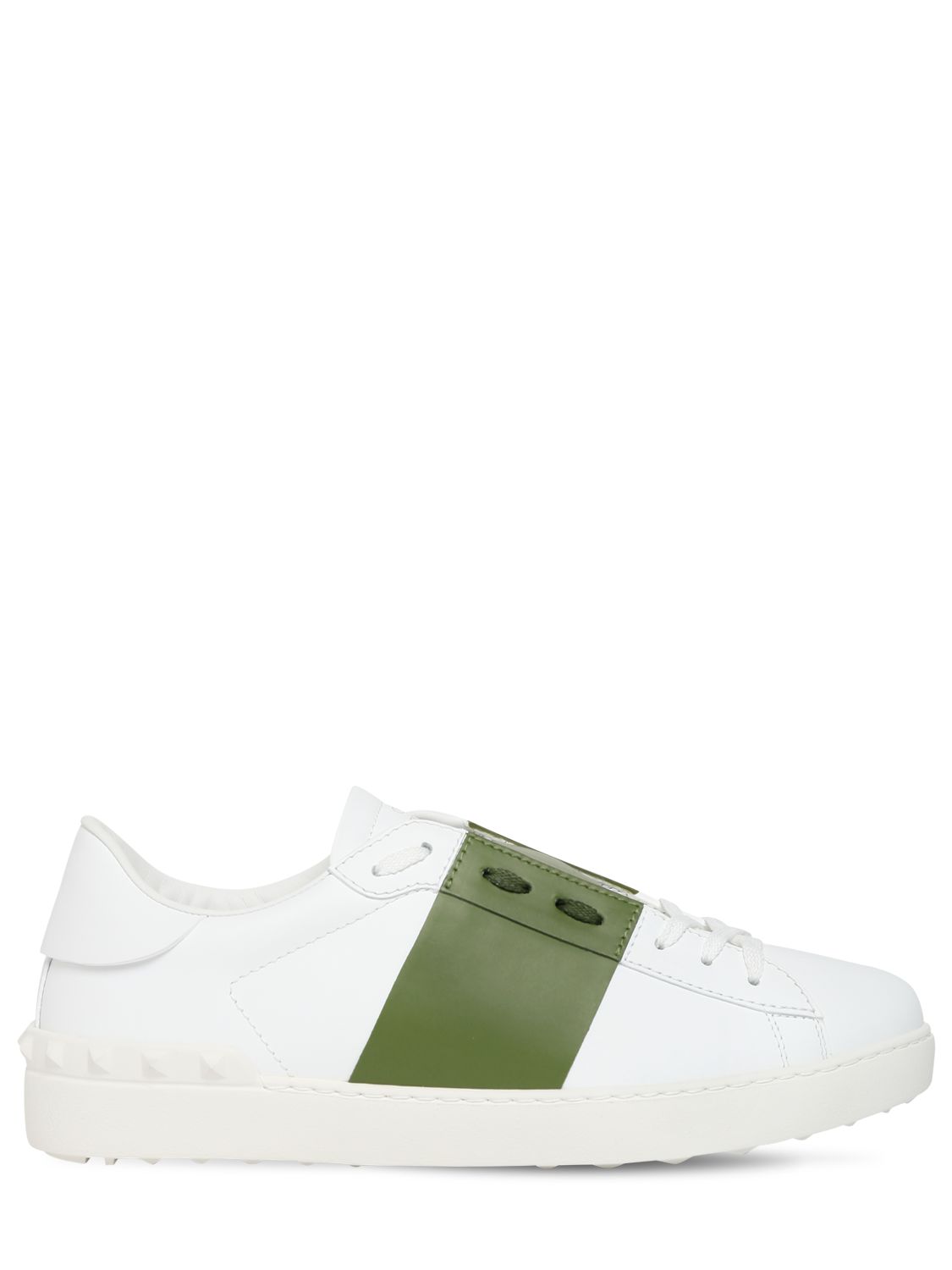 Valentino Open Color Block Leather Sneakers In White,green