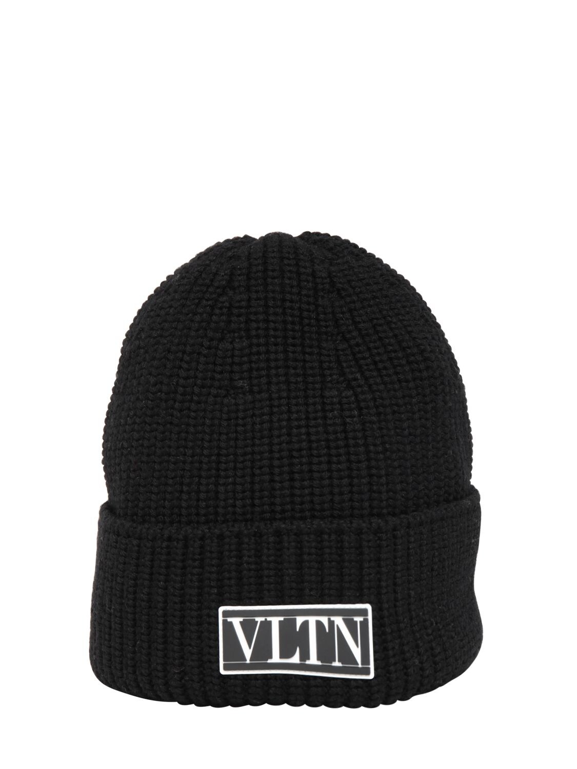 Valentino Garavani Logo Patch Wool Knit Beanie In Black