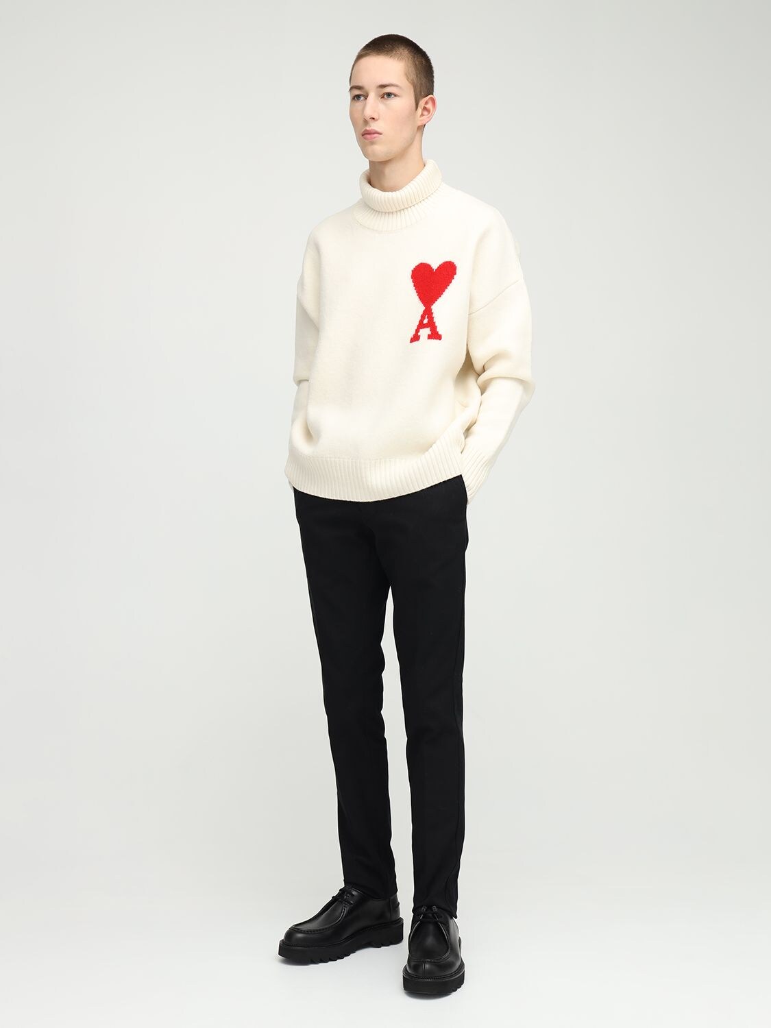 Ami Alexandre Mattiussi Heart Logo Intarsia Wool Knit Sweater In Off White