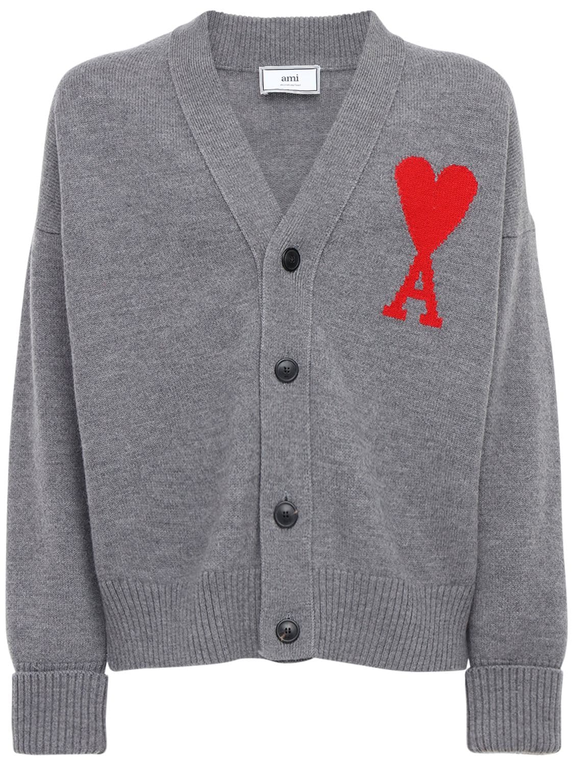 Ami Alexandre Mattiussi Heart Logo Intarsia Wool Knit Cardigan In Heather Grey