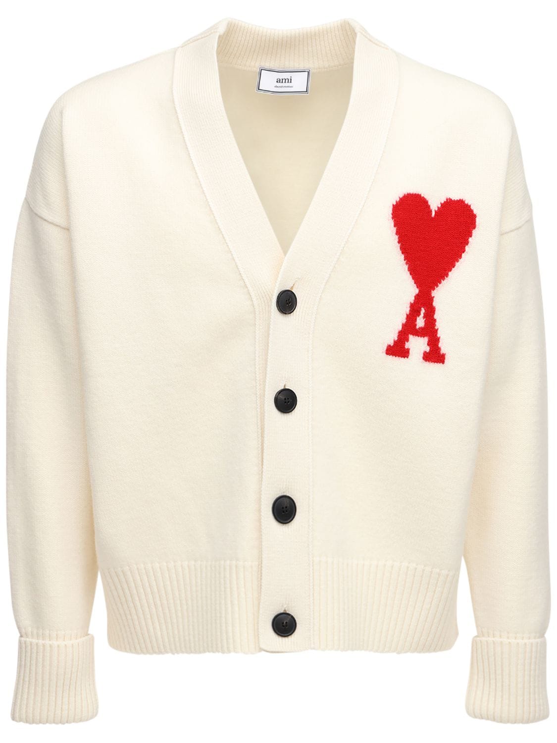 Ami Alexandre Mattiussi Heart Logo Intarsia Wool Knit Cardigan In Off White