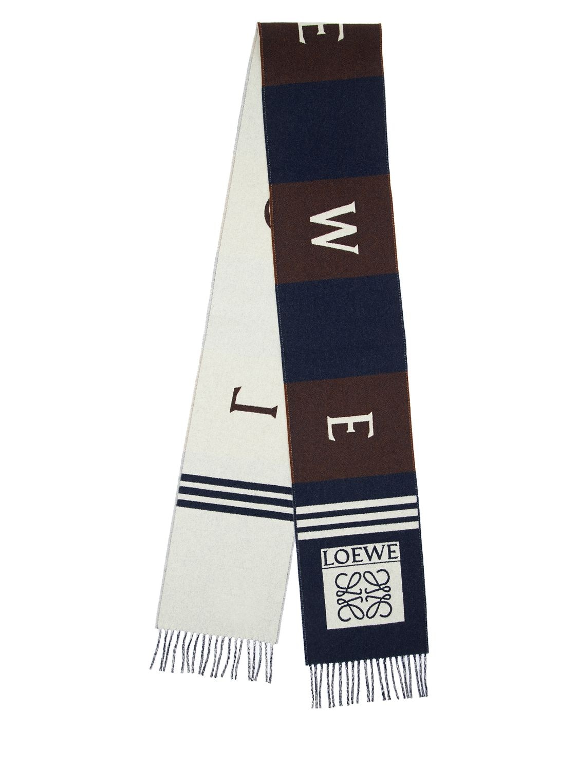 Loewe Logo Football Wool & Cashmere Scarf In Navy Blue,brown