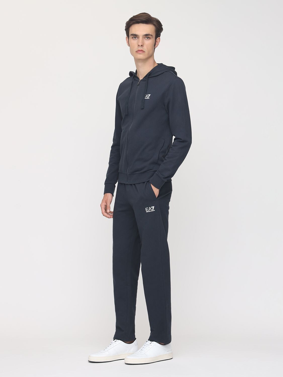 Ea7 Logo Printed Cotton Tracksuit In Midnight Blue