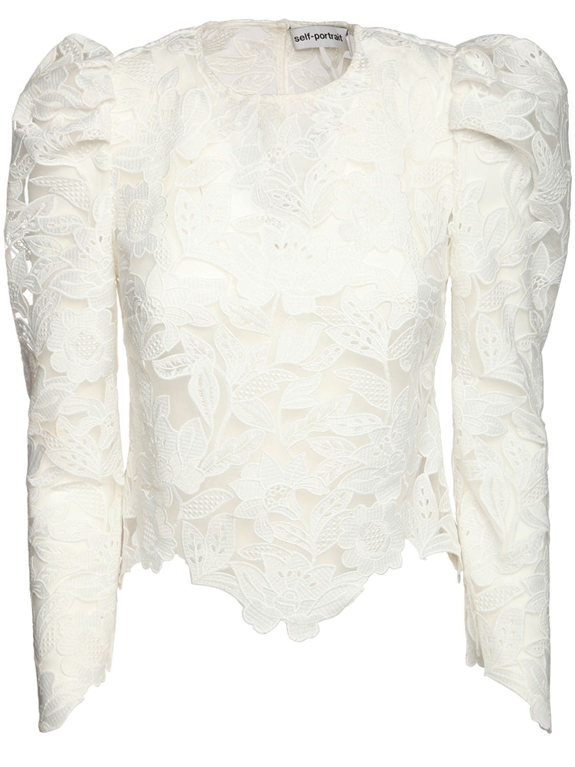 Self-portrait Lace Top W/ Puff Sleeves In White