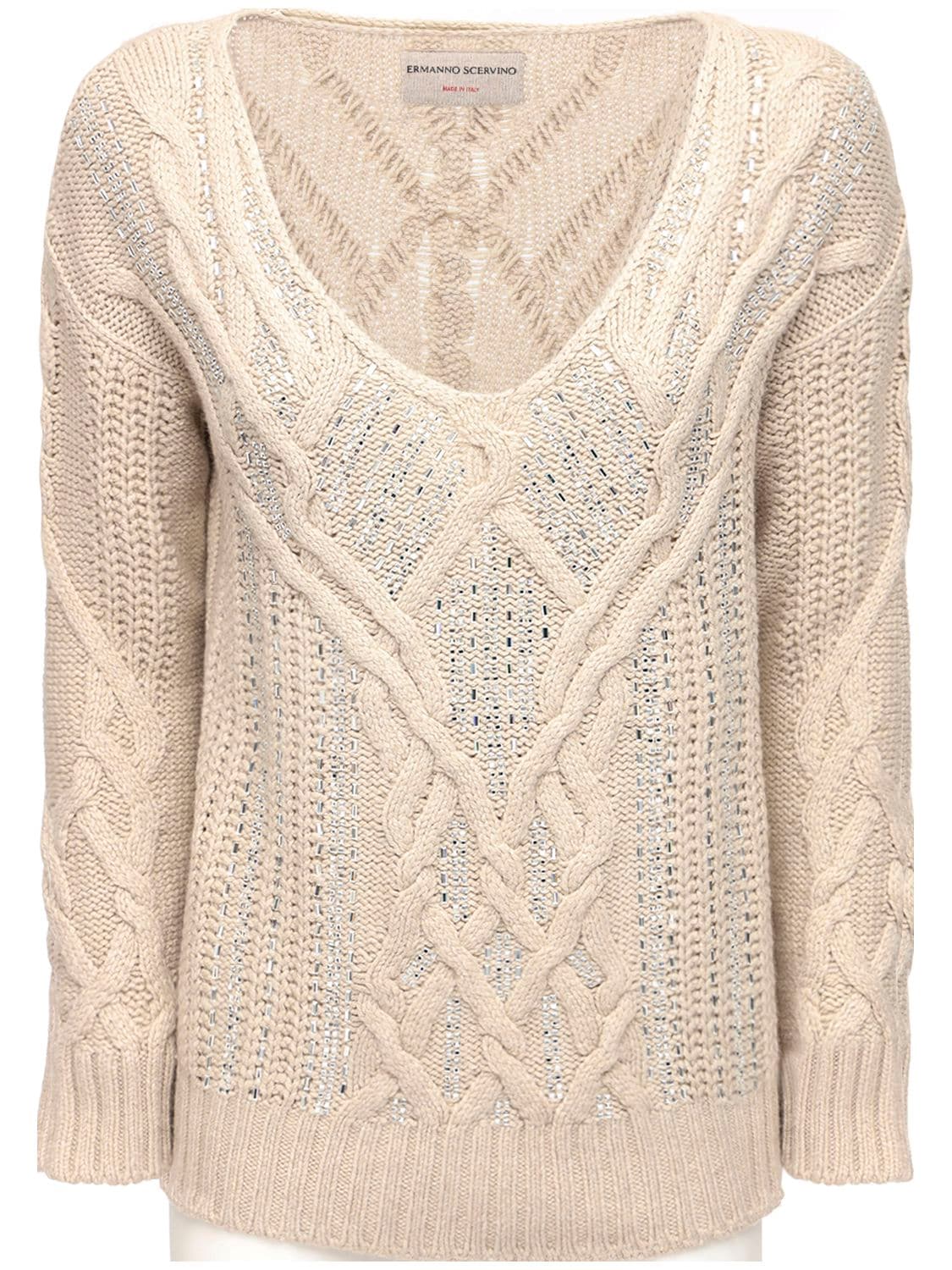 Ermanno Scervino Crystal Embellished Knit V Neck Sweater In Beige
