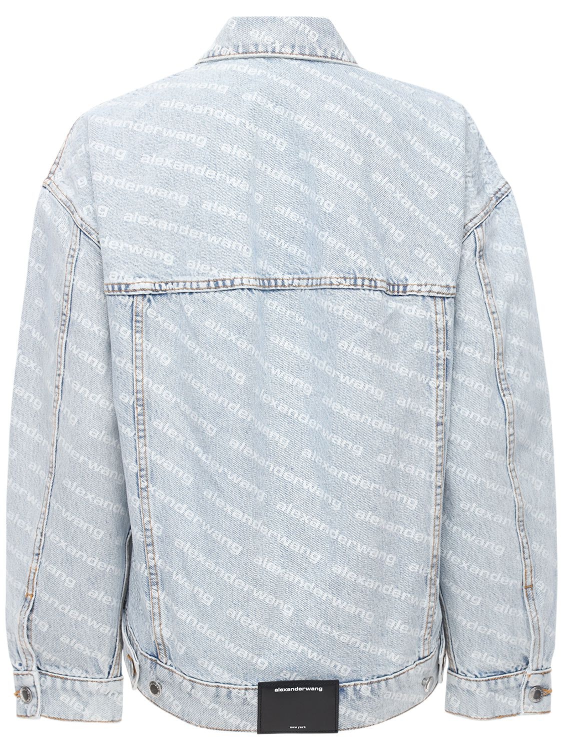 Shop Alexander Wang Logo Printed Cotton Denim Jacket In Light Blue,white