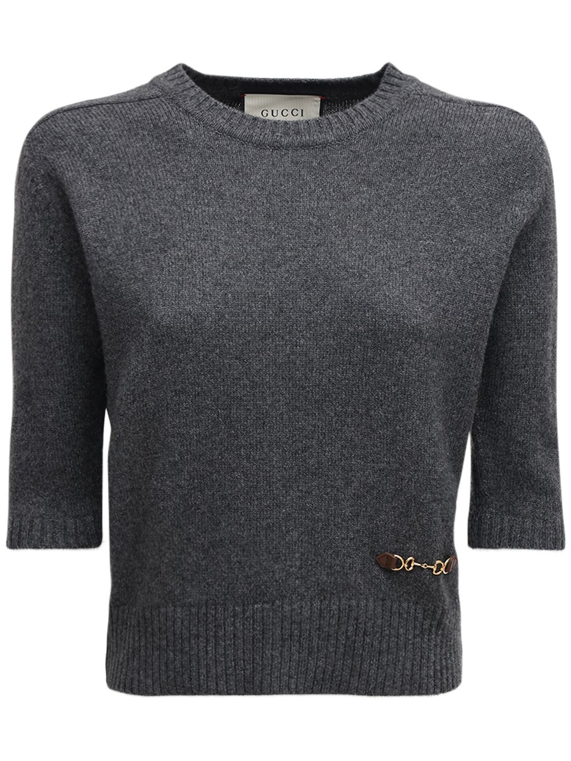 Shop Gucci Cashmere Knit Top W/ Horsebit In Grey