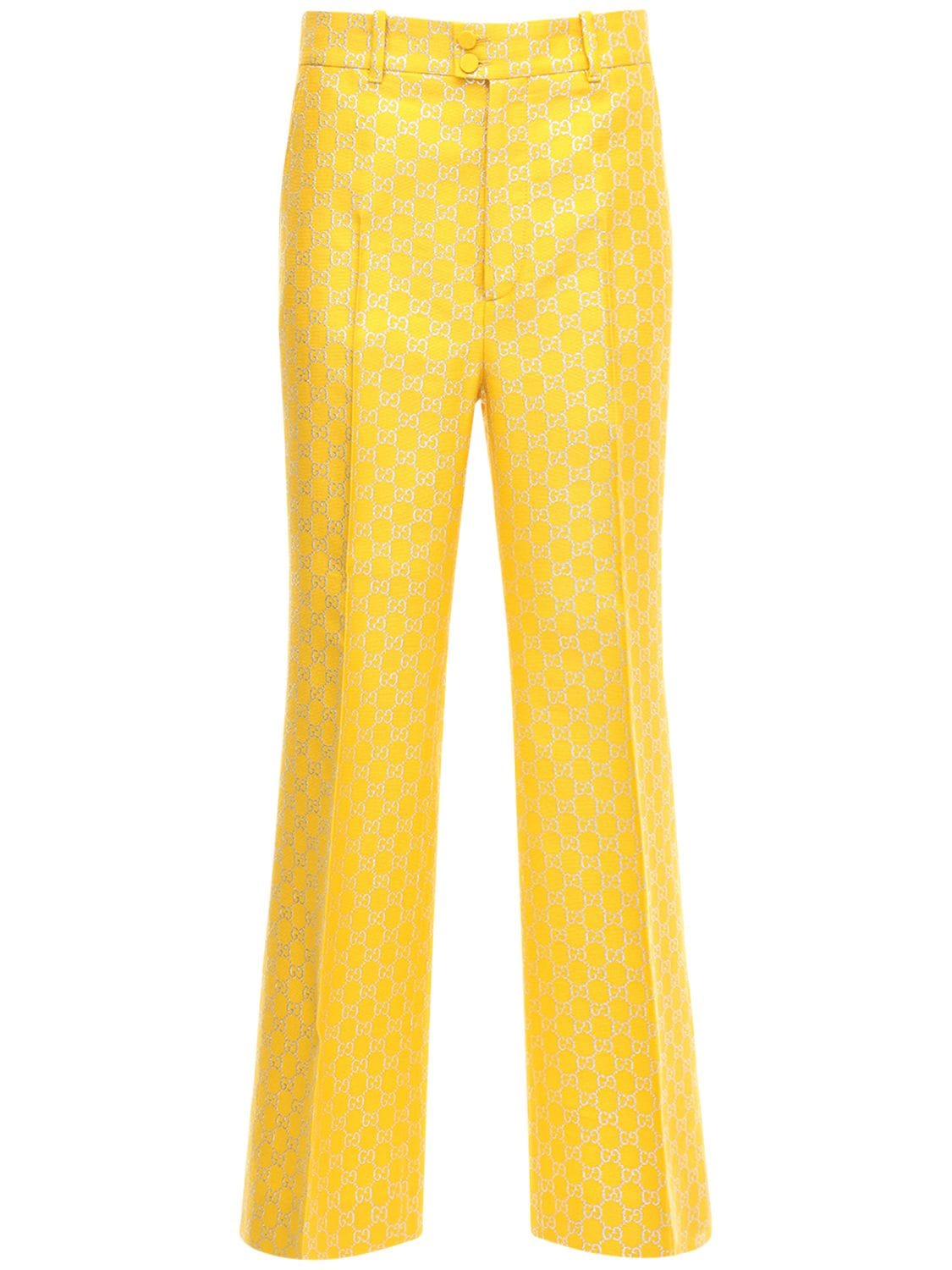 Gucci Gg Lamé Light Wool Blend Flared Pants In Yellow,silver