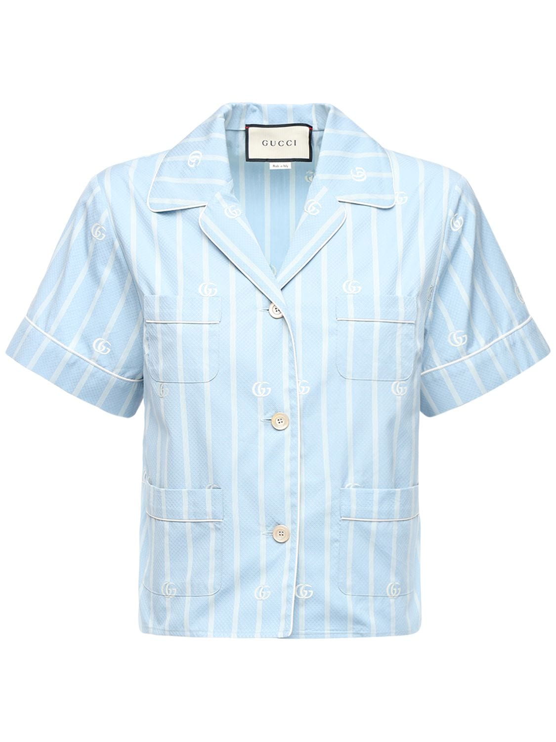 Gucci Striped Gg Cotton Bowling Shirt In Light Blue