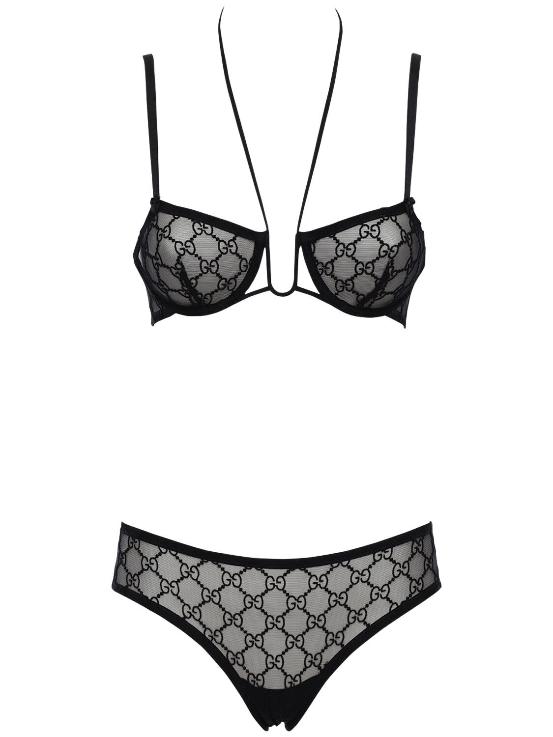 Gucci Gg Embroidered Tulle Bra & Briefs Sets In Black