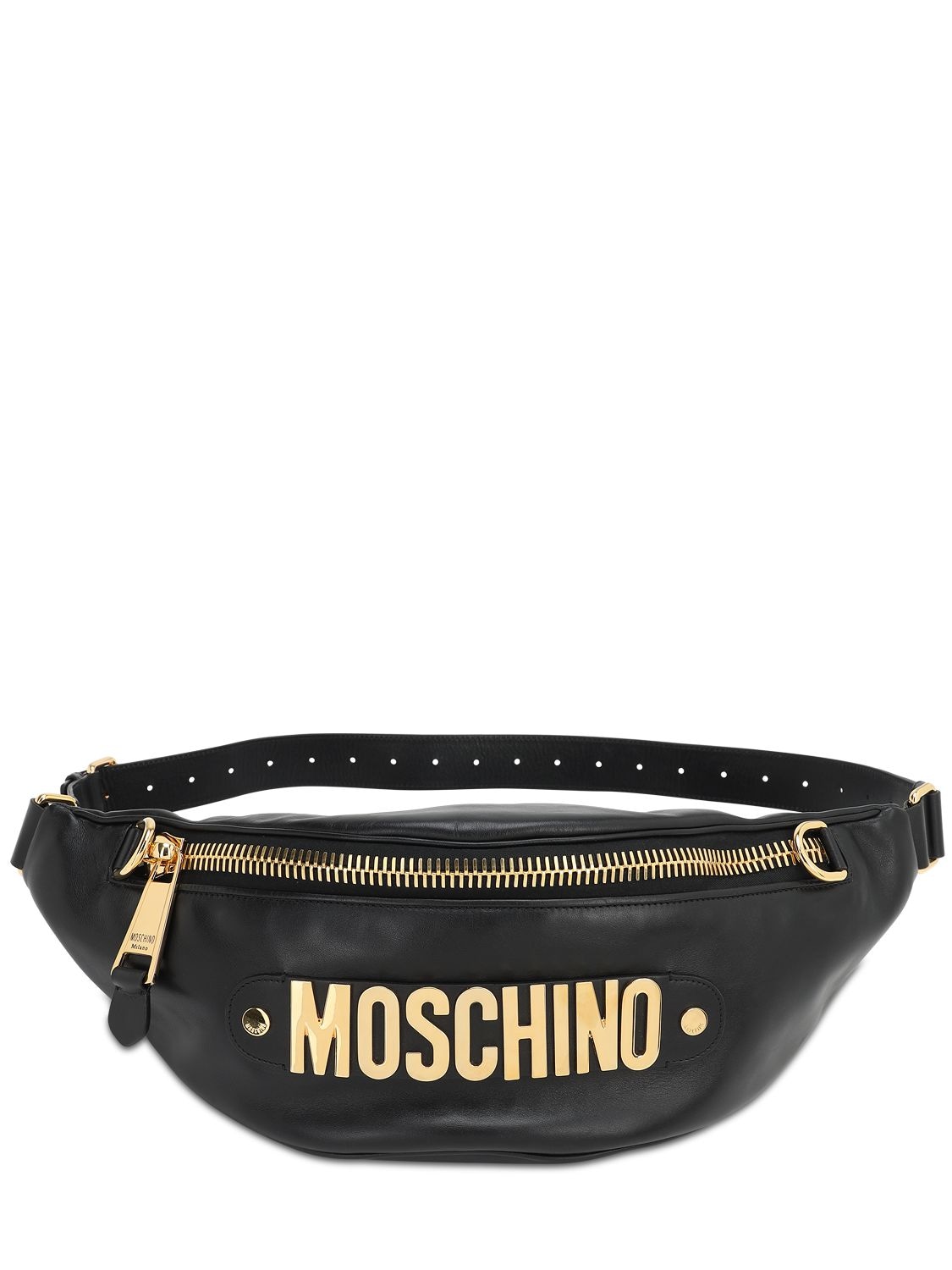 Moschino Metal Logo Leather Belt Bag In Black,gold