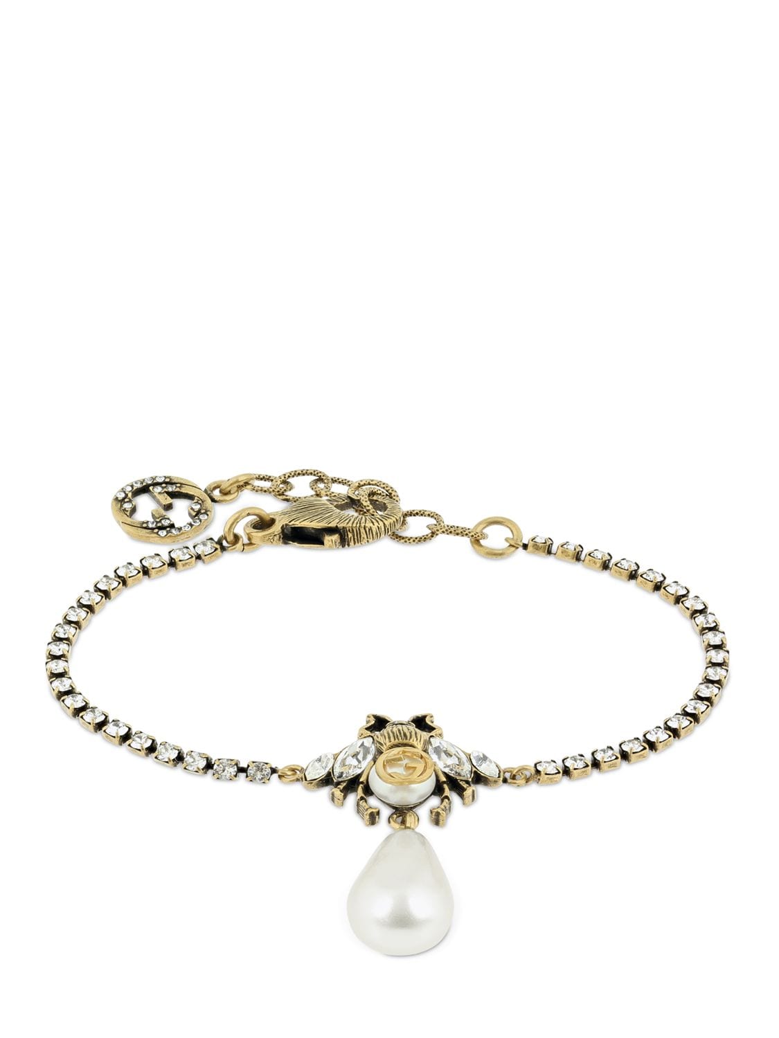 Gucci Bee Motif Crystal Embellished Bracelet In Gold,crystal