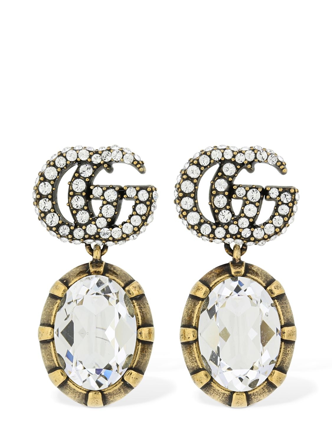 Gucci Gg Marmont Crystal Embellished Earrings In Crystal,silver