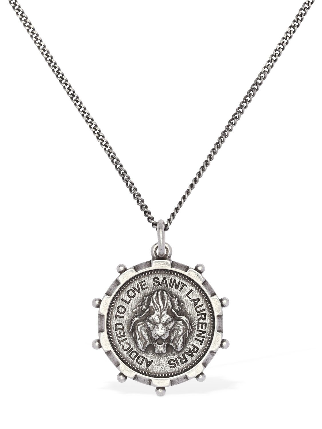 Saint Laurent Lion Medallion Long Necklace In Silver