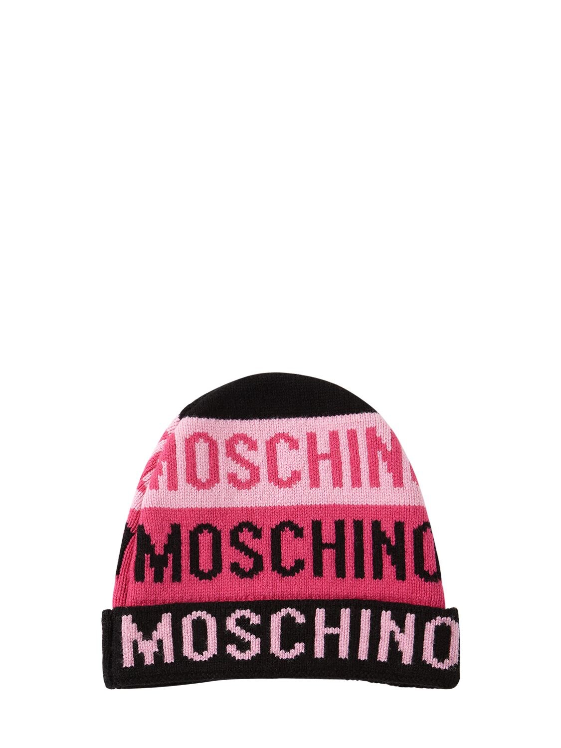 Moschino Babies' Wool Blend Beanie Hat W/ Intarsia Logo In Pink,black