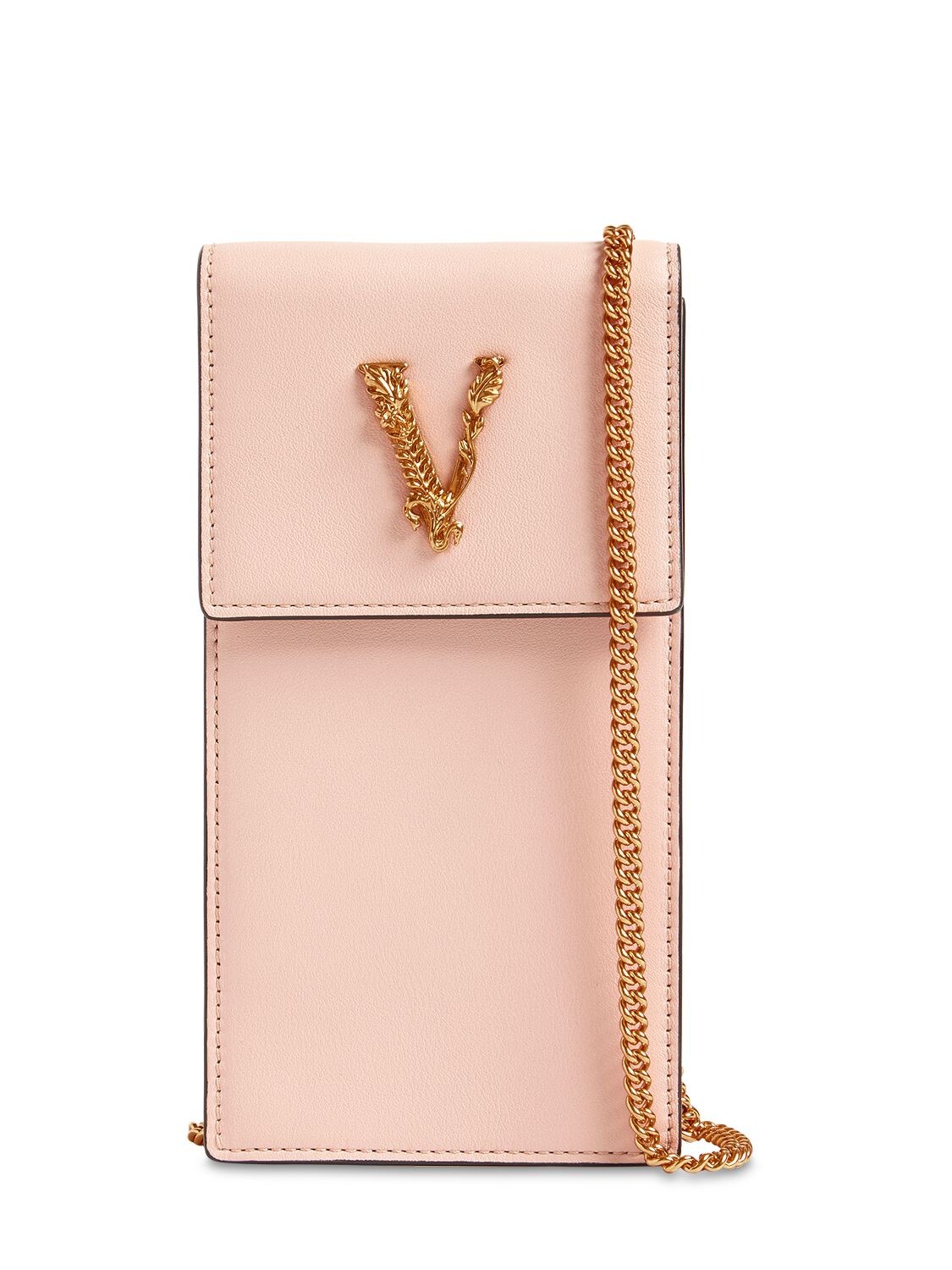 Versace Virtus Leather Phone Holder W/ Chain In Pink