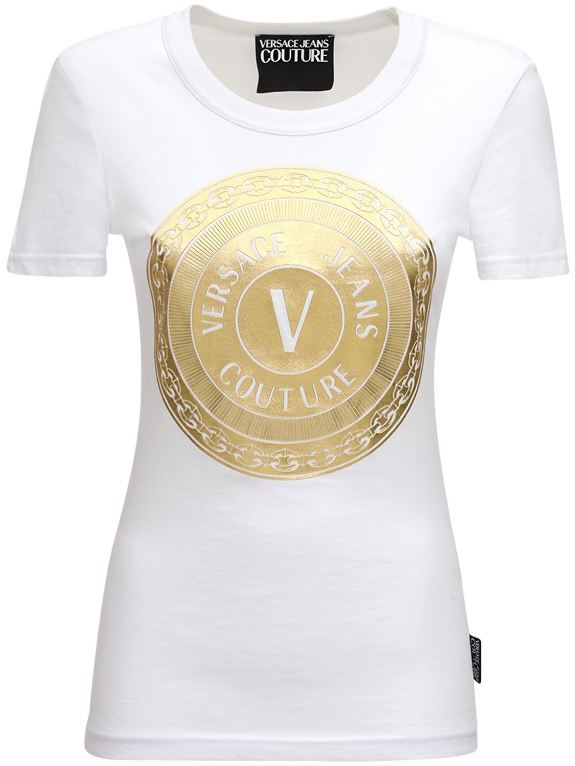 Versace Jeans Couture Logo Cotton Jersey T-shirt In White,gold